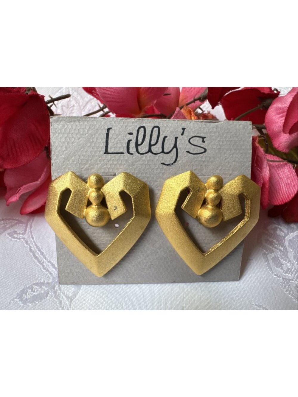 Daria Vintage Gold Plated Brass Heart Shaped Chunky Earrings 1.5" Signed NEW